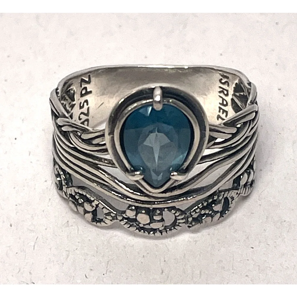 Or Paz Israel 925 Sterling Silver Ring London Blue Topaz Wide Band Size 11